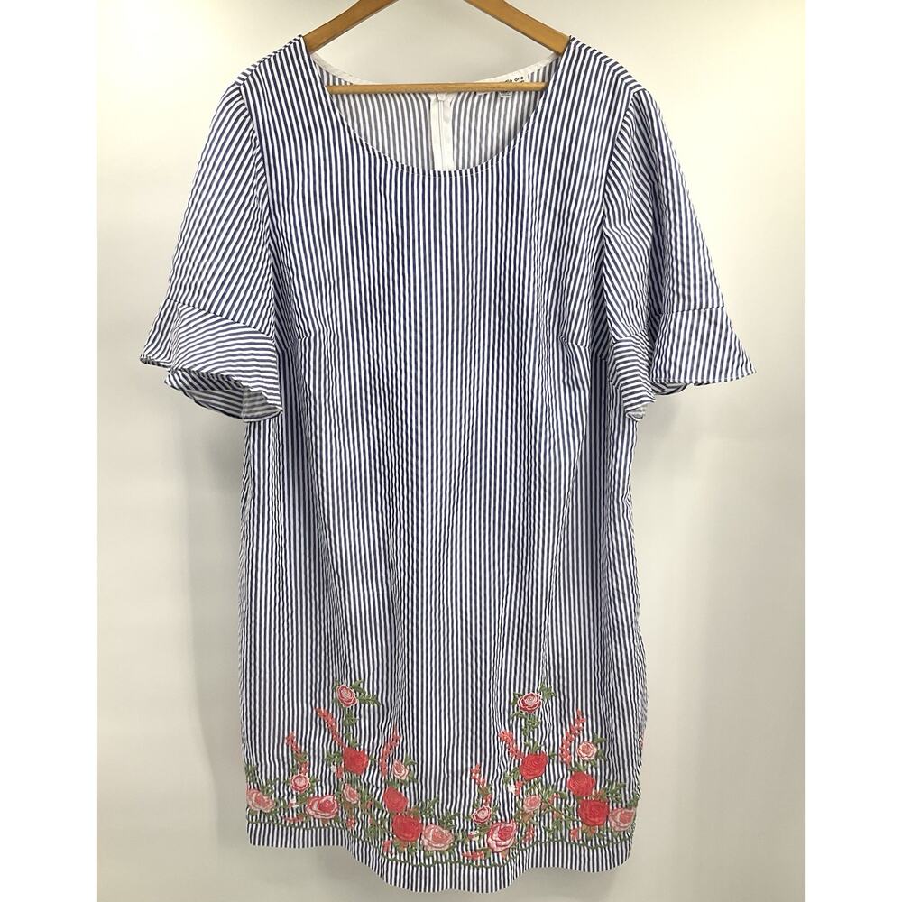 STUDIO ONE New York 2XL White & Blue Stripes Floral Embroidered Dress Old Money